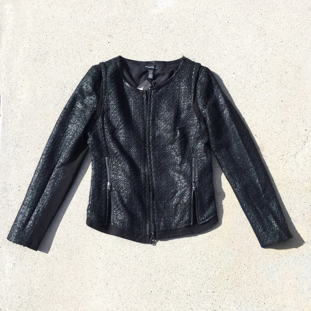 NWT Shimmer Tweed Kenneth Cole Black Moto Jacket with Zippers